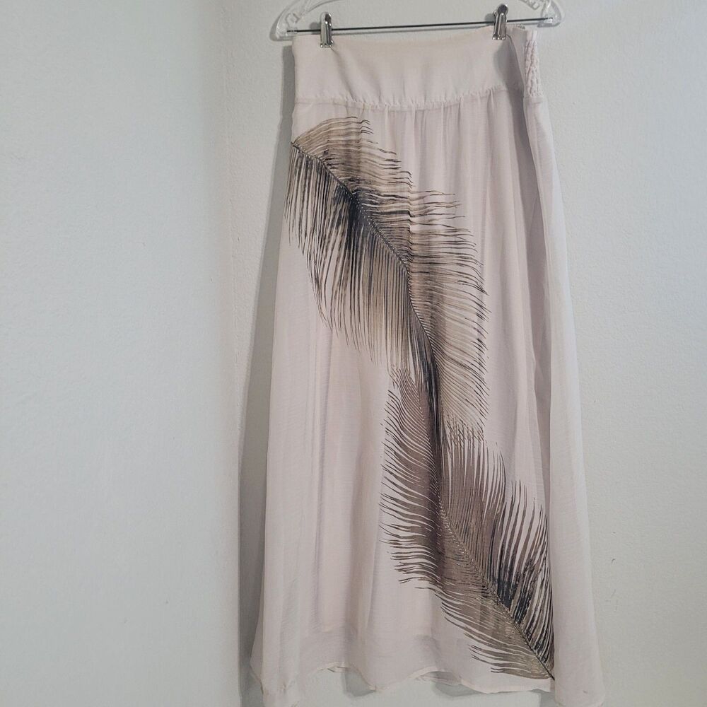 New York & Company M Skirt maxi long lining elastic waist feather graphic print